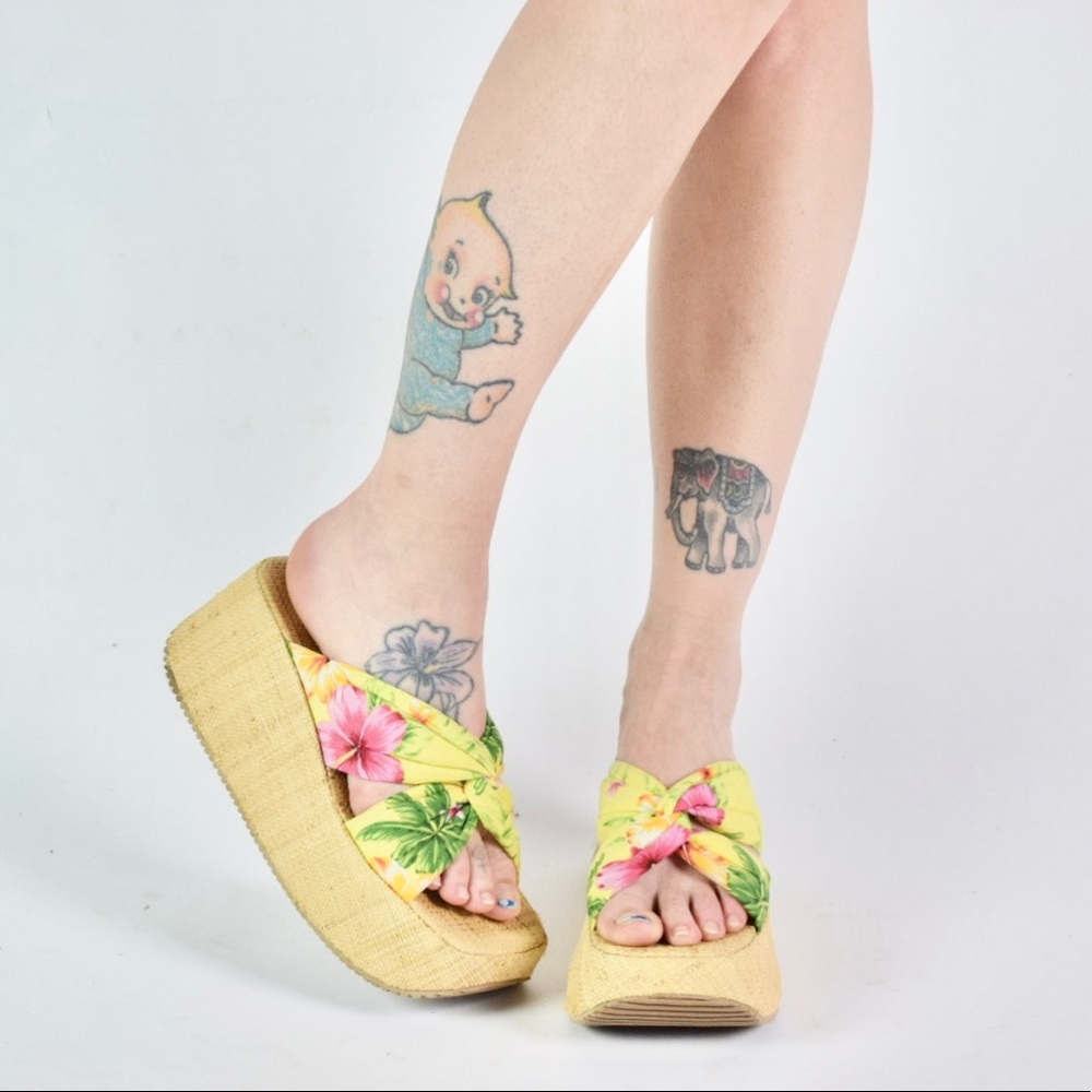 Y2K Bamboo Platform Sandal Wedges Size 7